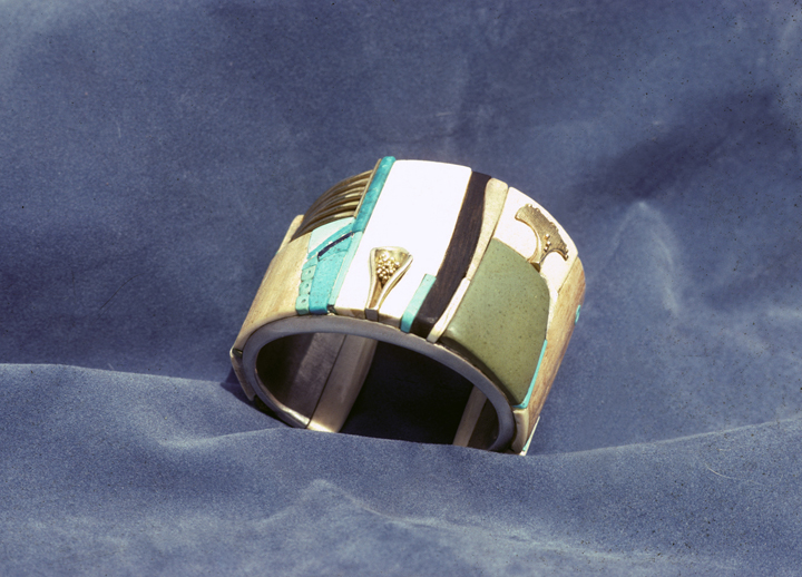 Toza, bracelet, silver and mosaic, top view, 1970s