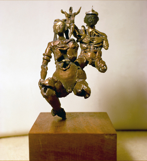 Toza, Sculpture of three bronze figures on a teak base, c. 1970s